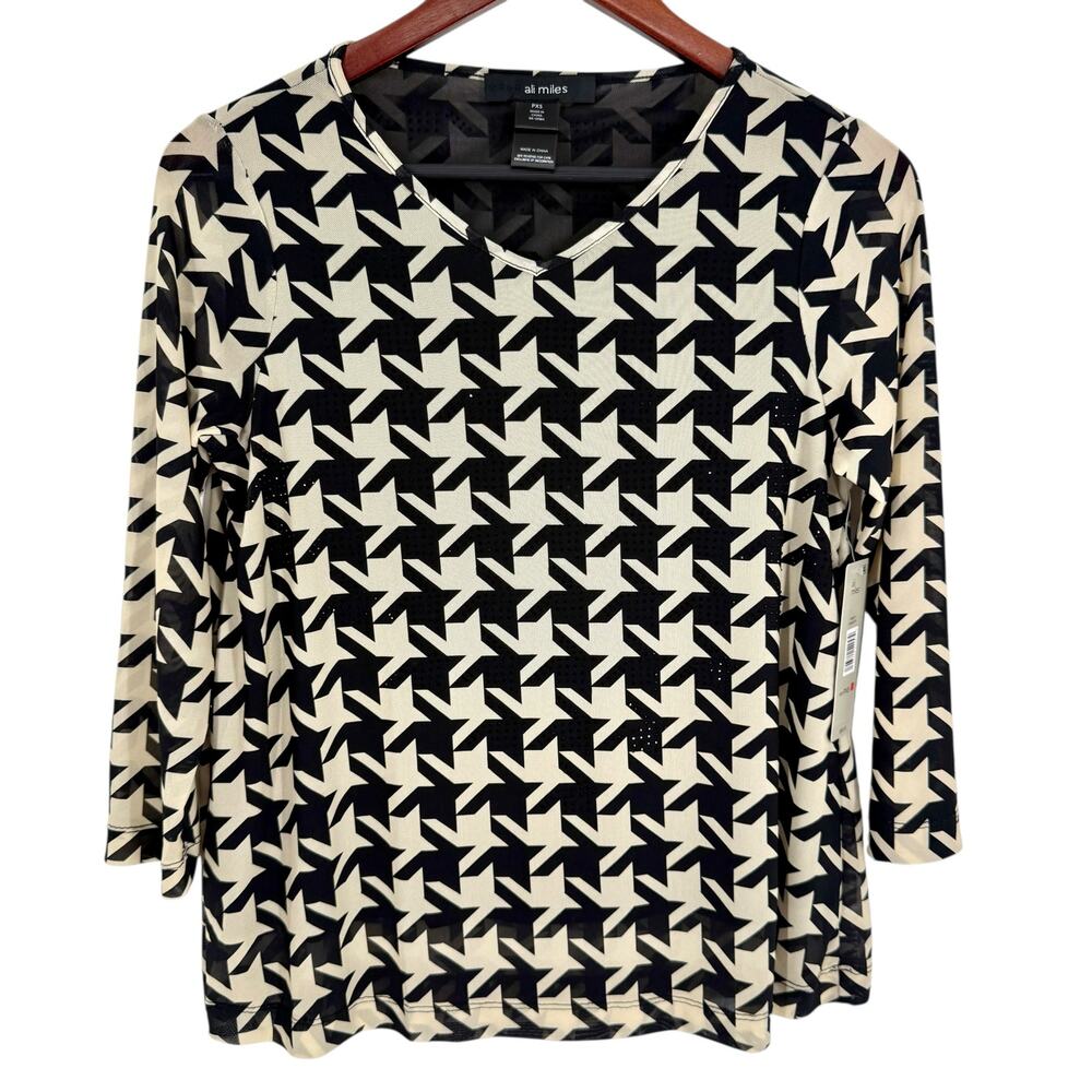 NEW NWT Ali Miles PXS Petite Houndstooth Wearable Art Sparkly Blouse Shirt Top